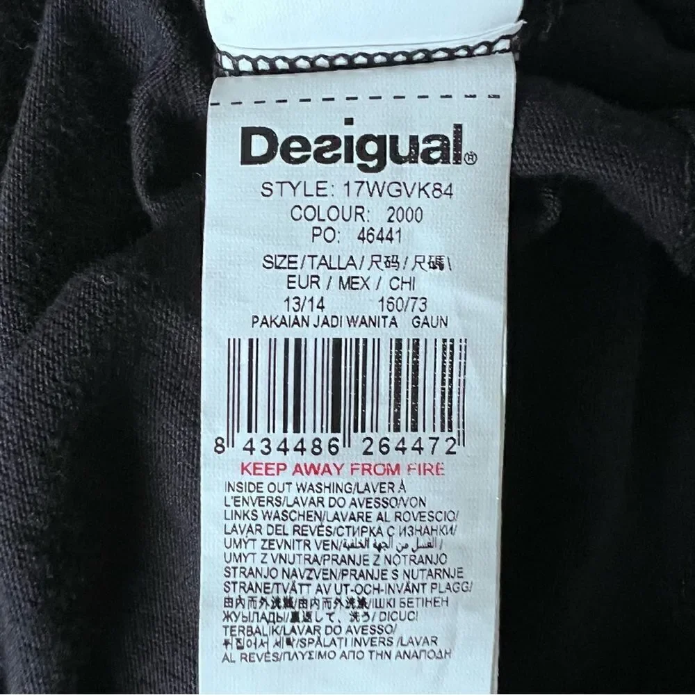 DESIGUAL  Girls Black Pink Embellished Long Sleeve 100% Cotton Dress Size 13/14